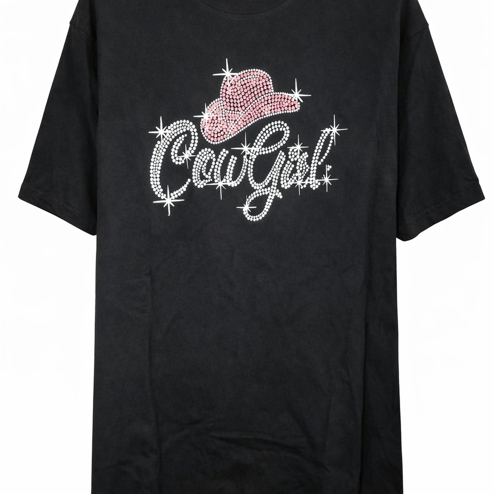 Cowgirl Rhinestone Graphic Tee - Black with Pink Accents